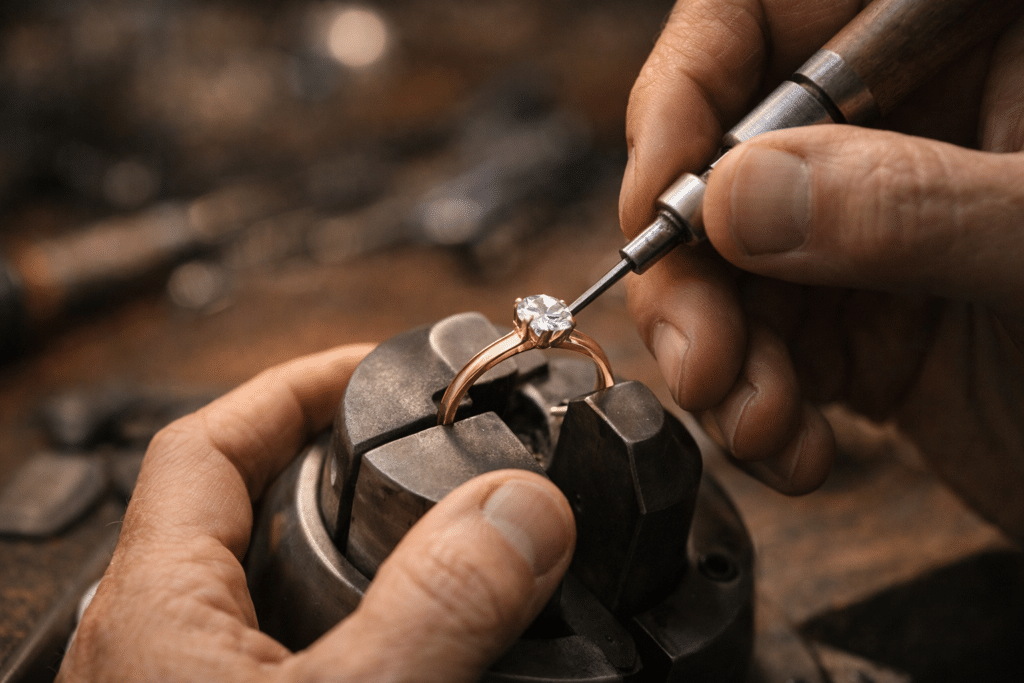 Jeweller carefully setting a diamond into a handcrafted engagement ring.