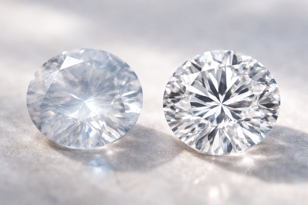 Close-up comparison showing a cloudy diamond beside a clear, sparkling one.