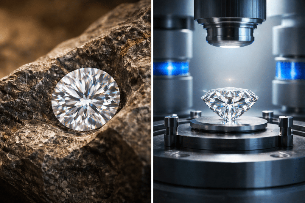 Understanding the 4Cs: How Professionals Balance Beauty, Size, & Value 3 Comparison of natural diamond and lab grown diamond environments.