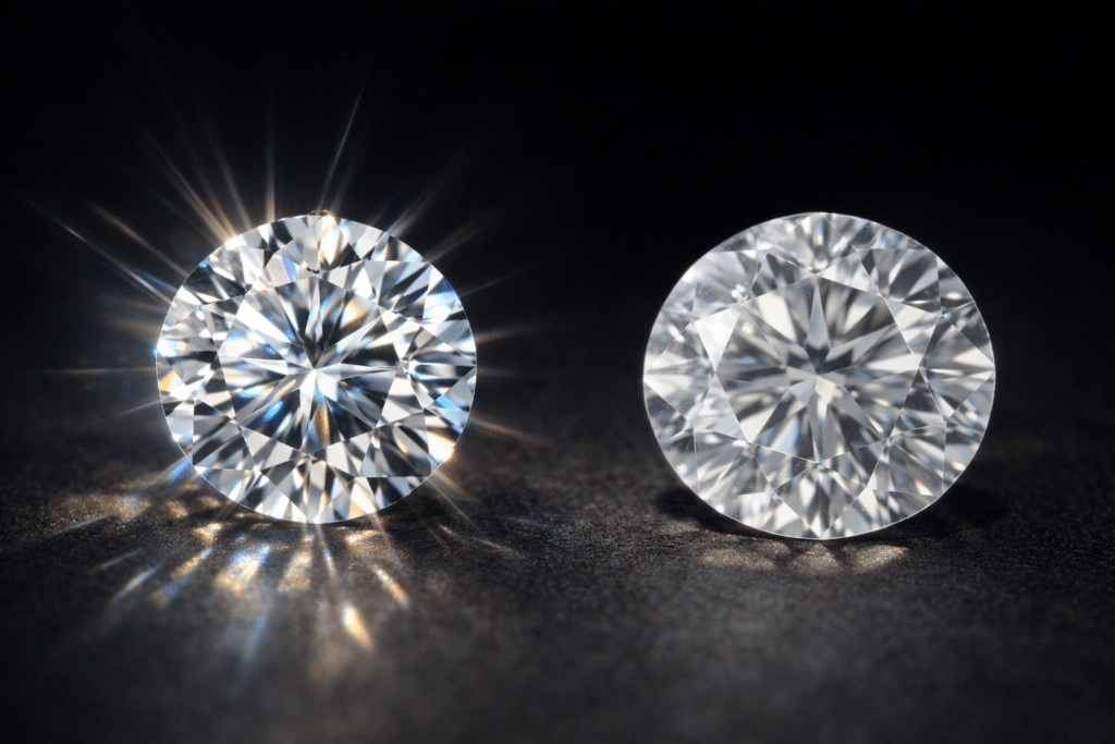 How Diamond Value Is Determined: What Actually Influences Price and Quality 1 Side-by-side comparison of two diamonds showing how superior cut quality creates stronger brilliance and sparkle.