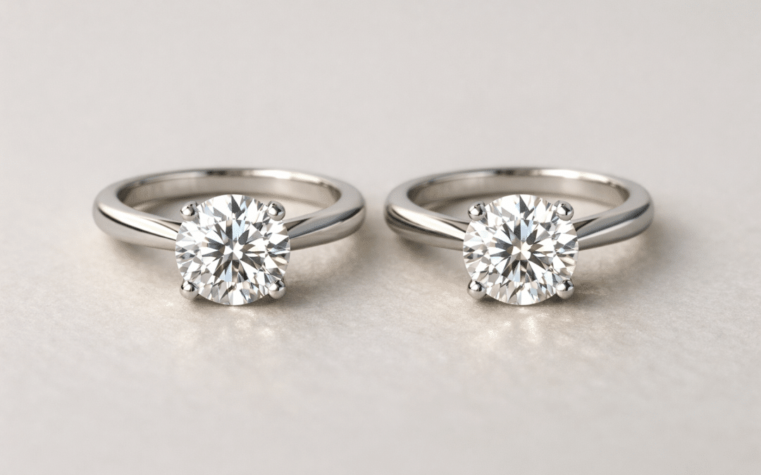 Two diamonds set in rings shown face up, demonstrating how similar diamond colours appear once mounted and sparkling in real light.