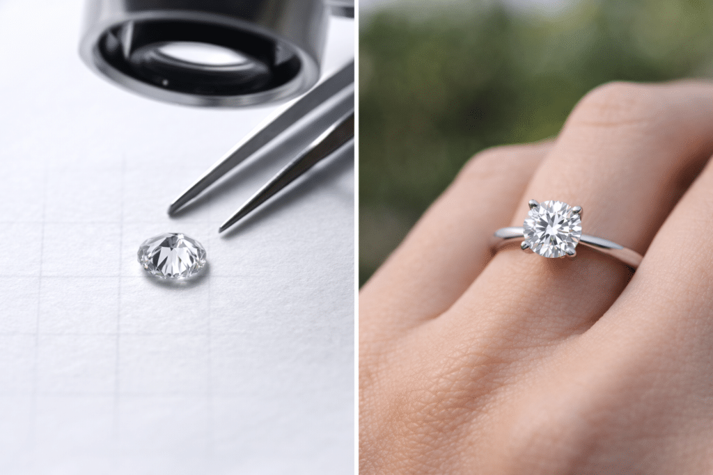 Choosing Diamond Colour Wisely: Avoiding Overpaying for Differences You Can’t See 1 Comparison between diamond colour grading under lab lighting and how a diamond engagement ring looks when worn in everyday light.
