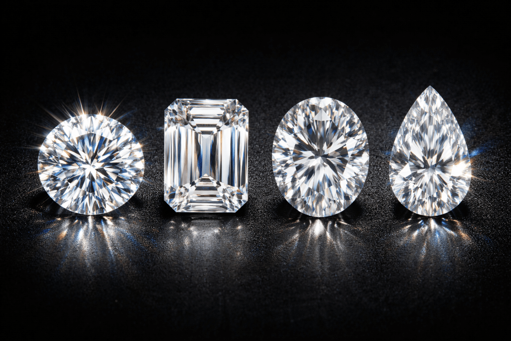 Different diamond cuts viewed from above, showing how each shape reflects light and sparkle in a unique way.