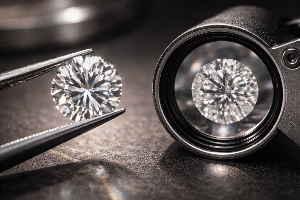 How Diamond Value Is Determined: What Actually Influences Price and Quality 2 Diamond appearing clean to the naked eye with a magnified view revealing internal inclusions.