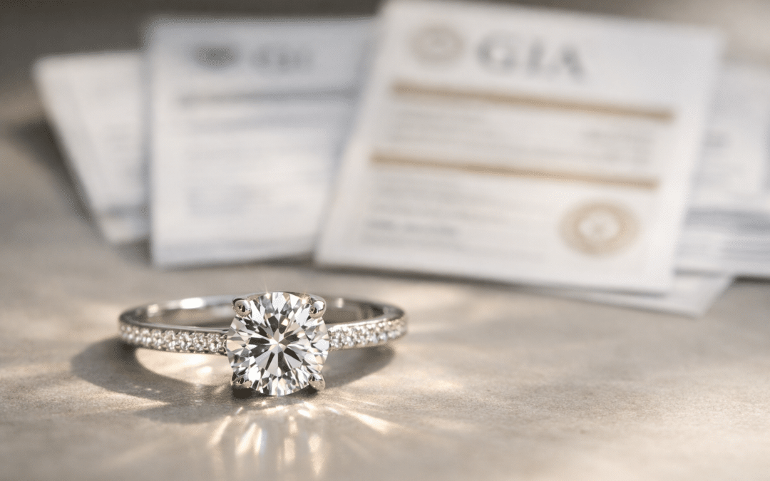 Diamond engagement ring sparkling in natural light with blurred grading certificates in the background, symbolising real beauty beyond paperwork.