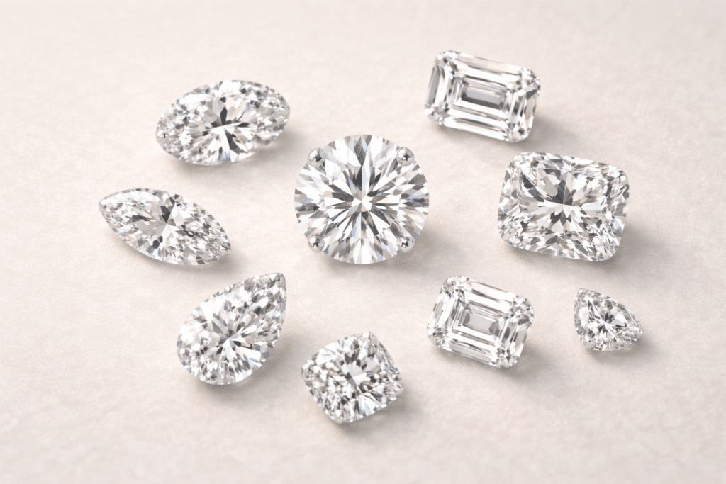 Choosing Diamond Colour Wisely: Avoiding Overpaying for Differences You Can’t See 2 Loose diamonds in various shapes arranged together, showing how different cuts reflect light and influence colour visibility.