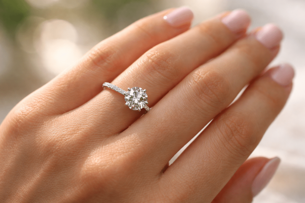 A beautifully cut diamond engagement ring worn on the hand, showing strong sparkle and balanced proportions.