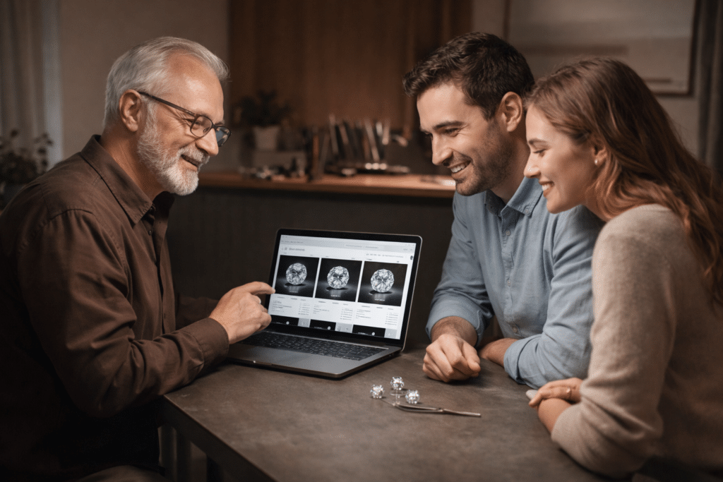 How Diamond Value Is Determined: What Actually Influences Price and Quality 3 Jeweller guiding a couple through diamond options during a relaxed, personalised consultation.