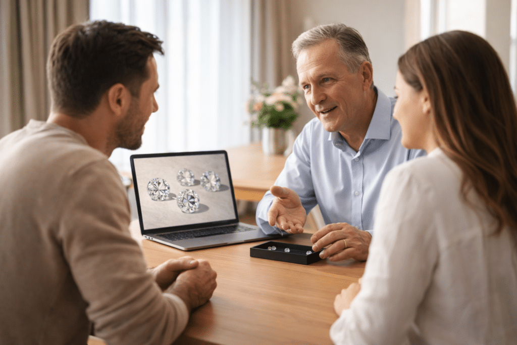 A jeweller meeting a couple at home, showing diamond options on a laptop and tray in a private consultation setting.
