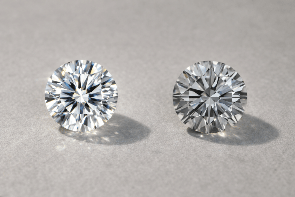 Two round diamonds shown side by side, one sparkling brightly and the other appearing dull, demonstrating the impact of cut quality.