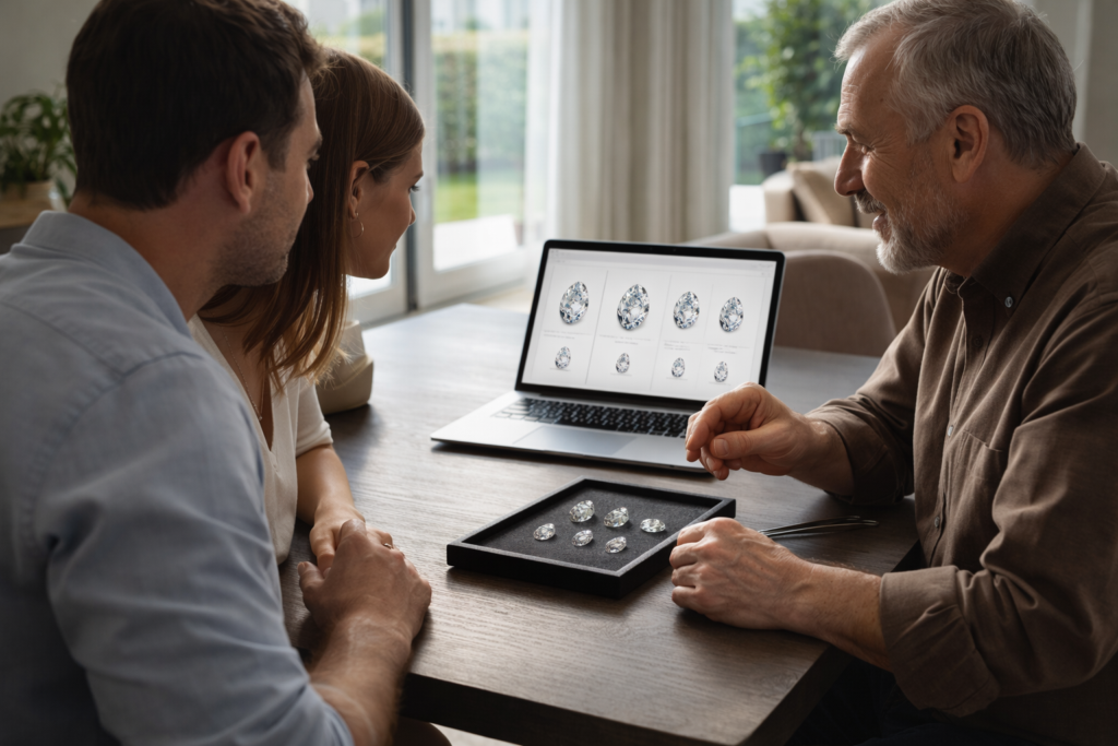 A jeweller consulting with a couple at home while reviewing oval and pear diamonds on a laptop and tray.