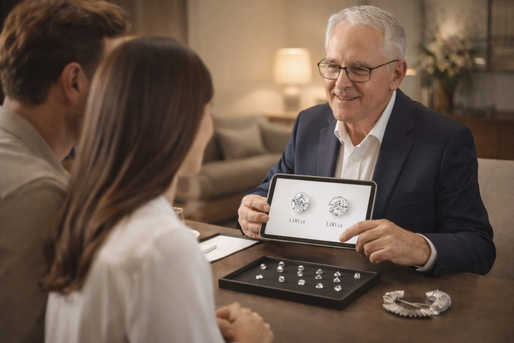 Jeweller guiding a couple through diamond selection using sample stones and a digital platform in a private consultation setting.