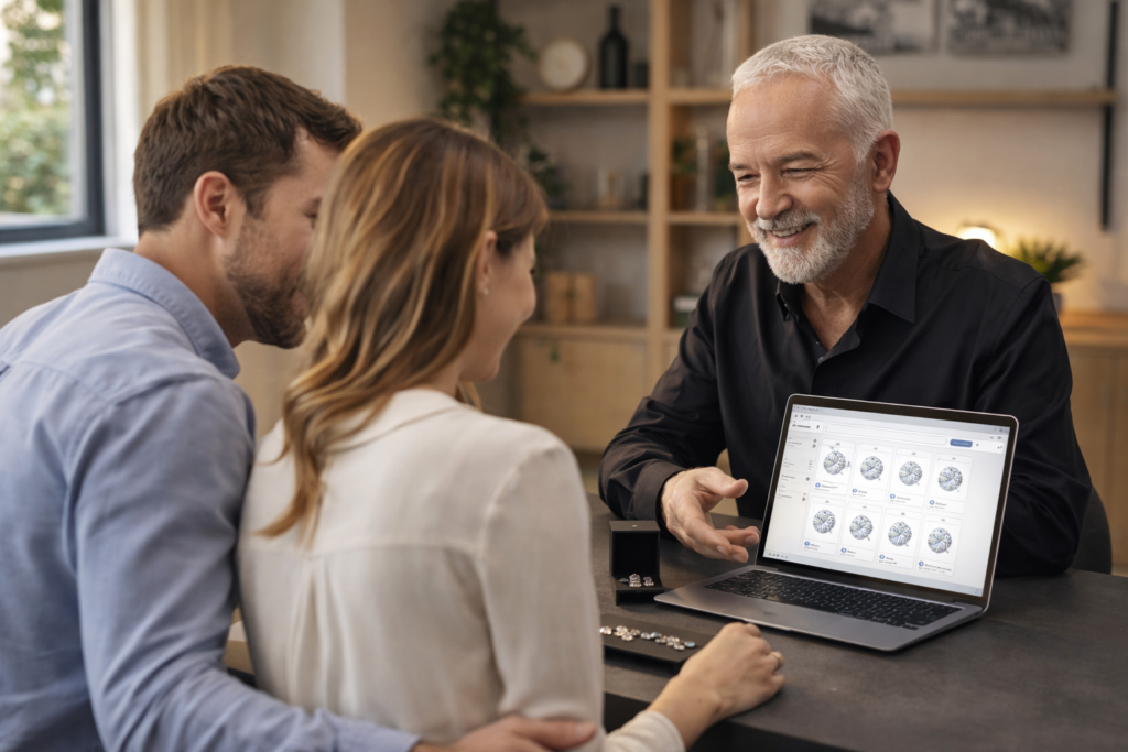 Jeweller guiding a couple through diamond selection during a personalised engagement ring consultation.