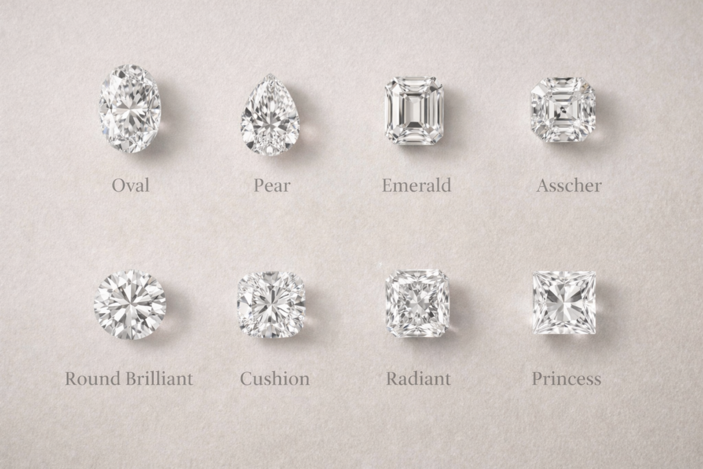 Flat lay of various certified diamond shapes arranged neatly with labels for educational comparison.