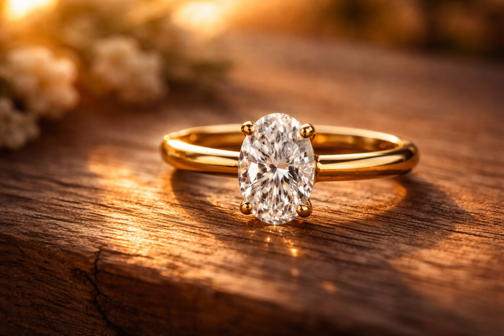 An 18ct yellow gold engagement ring with an oval diamond glowing in warm sunset light.