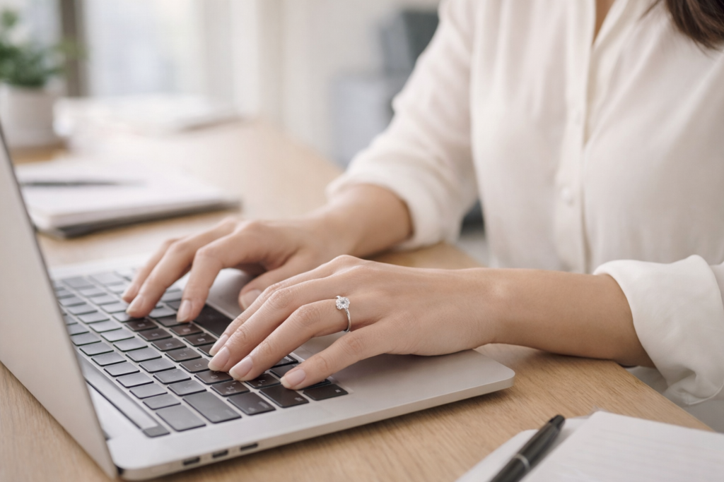 Woman wearing a low-set diamond ring while working at a desk, demonstrating comfort and practicality for daily wear.