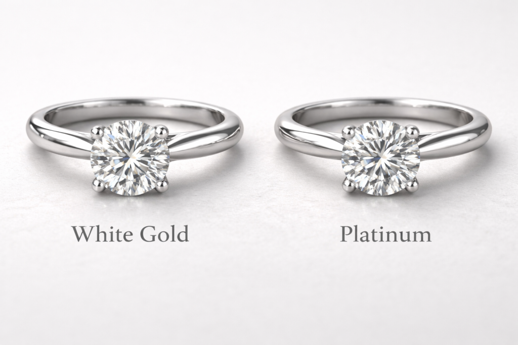 Two identical diamond rings displayed side by side, comparing bright white gold and slightly softer-toned platinum.