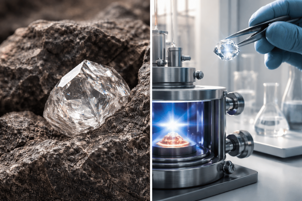 Split image showing a natural diamond crystal in rock on one side and a laboratory diamond-growing environment on the other.