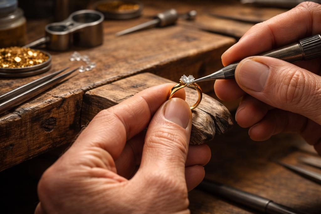 Close-up of a jeweller shaping a gold ring at a workbench with tools under warm lighting.